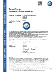 Panel Shop Certificate UL508A TÜV SÜD America for IFA Technology 